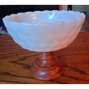 Vintage White Scalloped Milk Glass Compote Dish With Wooden Base